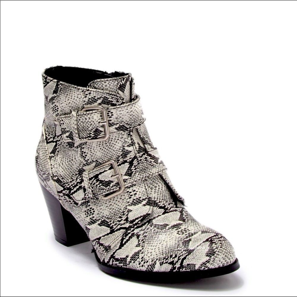 Snakeskin White Black Silver Buckled Straps Heel Boot by Matisse NEW